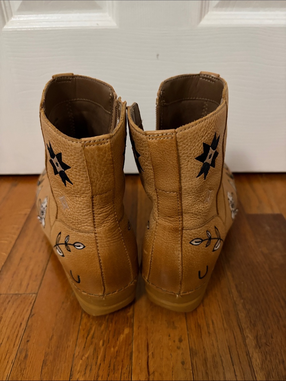 Dansko Tan Leather Floral Embroidered Wedge Ankle Boots - Picture 3 of 3